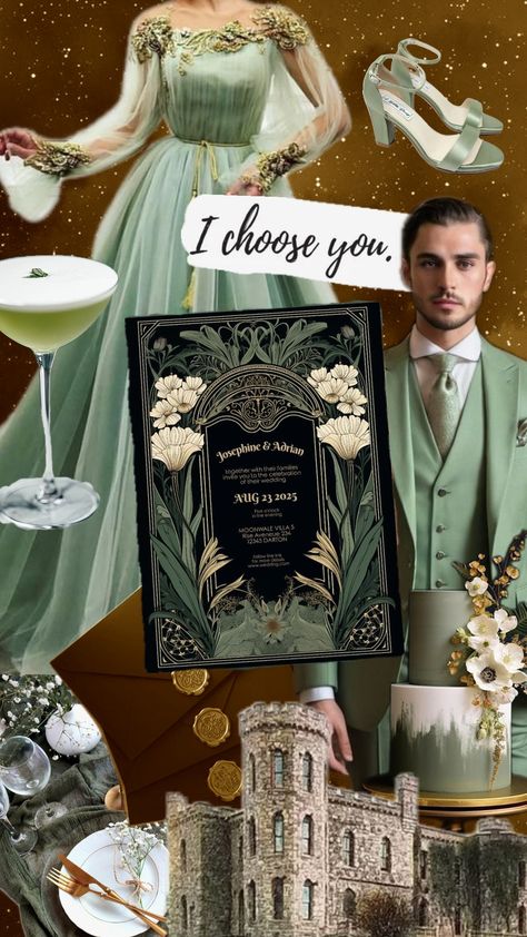 Get inspired to celebrate your wedding in a botanical theme. This moodboard shows inspiration for cake, tablecloths, bouquets, dresses, suit, location and wedding invitation. The color palette ranges from beige to brown to dark green and black. Perfect for a botanical gothic, dark academia, forest or fall wedding. #weddinginvitation #darkfloral #darkwedding #botanical #botanicalgothic #botanicalwedding #darkacademia #invitationtemplate Dark Academia Forest, Botanical Gothic, Academia Wedding, Gothic Dark Academia, Green Academia, Botanical Theme, Dark Wedding, I Choose You, Botanical Wedding