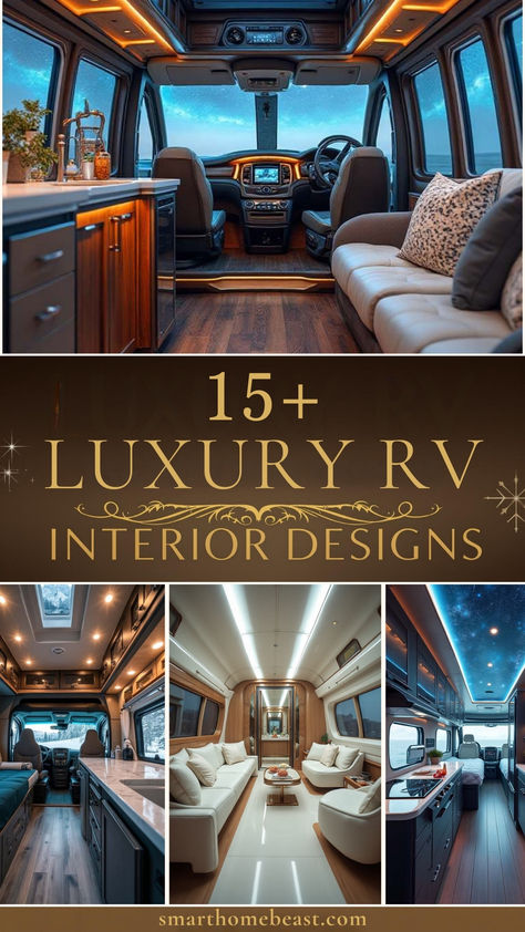 A collage showcasing luxurious RV interiors with modern amenities, plush seating, elegant lighting, and scenic windows, designed to inspire stylish road living. Black And Gold Camper Interior, Futuristic Rv Interior, Custom Rv Interior, Luxury Rv Interior, Rv Luxury, Rv House, Rv Design, Rv Interiors, Luxury Rv Living