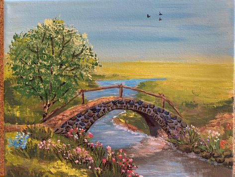 Painting Of Bridge, Bridge Over Water Painting, Stone Bridge Painting, River Bank Painting, Bridge Art Paintings, Stream Drawing, Fairy Garden Drawing, River Drawing, Bridge Drawing