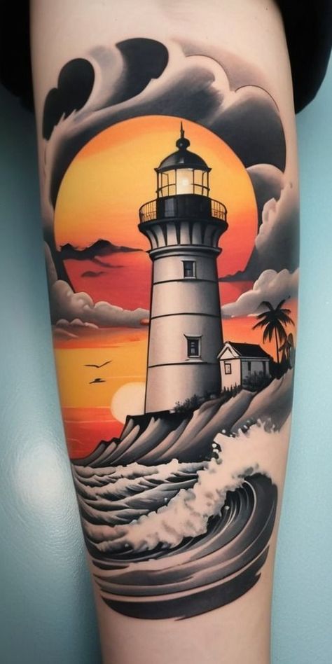 Lighthouse Tattoo Neotraditional, Lighthouse Cover Up Tattoo, Lighthouse Tattoo Color, Lighthouse Waves Tattoo, Ocean Tattoo Design, Lighthouse Tattoo Design, Flash Tattoo Sleeve, Lighthouse Tattoo Meaning, Traditional Lighthouse Tattoo