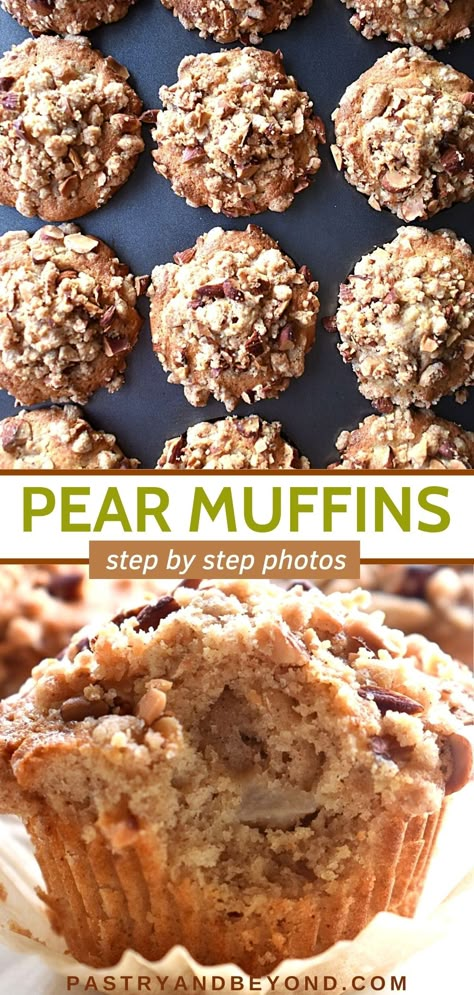 Collage for pear muffins with text overlay. Pear Almond Muffins, Pear Fritters Recipe, Zucchini Pear Muffins, Date Muffins Recipes Healthy, Pear Oatmeal Muffins, Pear Muffins Recipes Easy, Pear Muffins Healthy, What To Make With Pears, Pear Bread Recipes