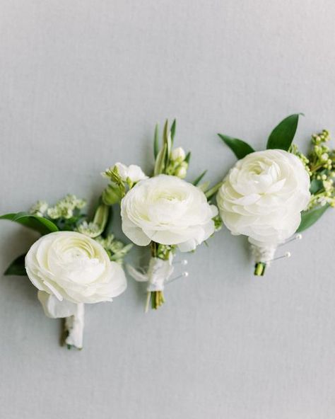 Peony Groom Boutonniere, Groom Boutonniere Ranunculus, Groomsman Boutonniere White, Mens White Boutineers, Wedding Bouquets And Boutonnieres, White Groomsmen Boutonniere, White Peony Boutonniere, White Ranunculus Bridal Bouquet, Peony And Ranunculus Bouquet Wedding