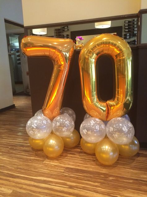 70th Birthday balloons in gold and clear 'happy birthday'                                                                                                                                                                                 More 70th Birthday For Grandma, 70 Years Birthday Ideas, 85th Birthday Party Decorations, 70 Birthday Balloon Ideas, 90th Birthday Balloon Ideas, 70 Bday Party Ideas, 70th Birthday Ideas For Grandma, 80th Birthday Party Decor, 70 Year Birthday Party Ideas