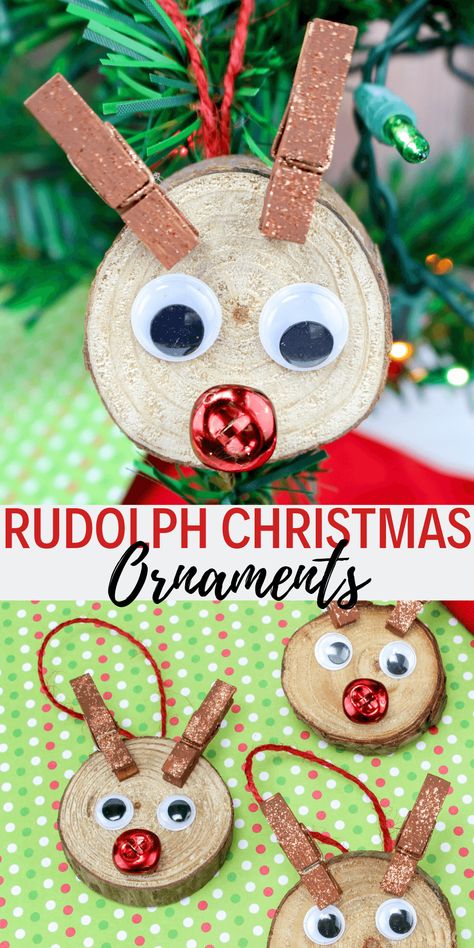 Rudolph Christmas Ornaments | DINE DREAM DISCOVER Preschool Christmas Ornaments To Make, Homemade Christmas Ornaments For Kids, Rudolph Ornaments, Reindeer Crafts, Toddler Ornaments, Christmas Ornaments For Kids, Christmas Crafts For Toddlers, Rudolph Christmas, Wooden Reindeer