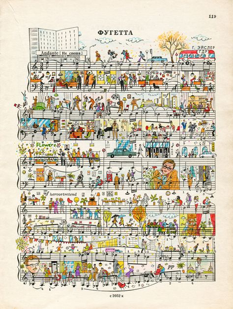 Colorful Everyday Scenes Illustrated on Vintage Sheet Music by ‘People Too’ | Colossal Music Doodle, Art Musical, Sheet Music Art, Office Romance, Music Illustration, Colossal Art, Romance Art, Books Art, Vintage Sheet Music