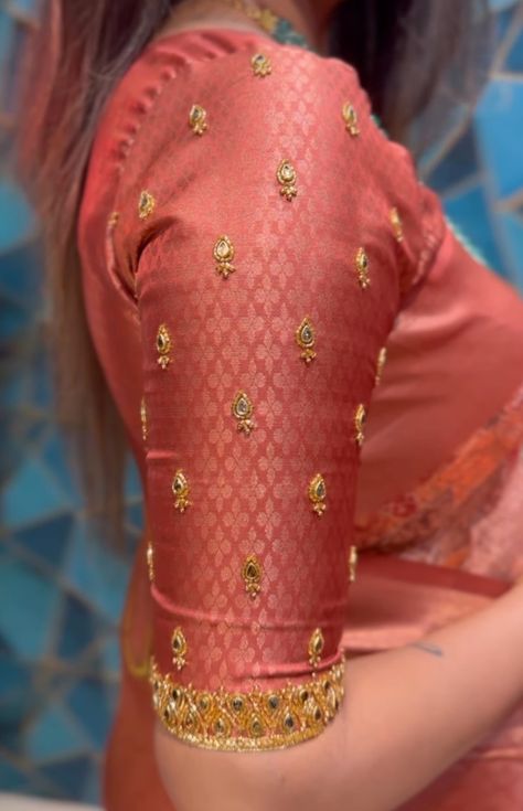 Maggam Work Green Colour Blouse Designs Latest, Butta Work Blouse Designs, Simple Butta Blouse Design, Aari Work Butta Design Blouse, Butta Work On Blouse, Copper Aariwork Blouse Designs, Blowes Design Latest, Butta Hands For Blouses, Pink Blouse Designs