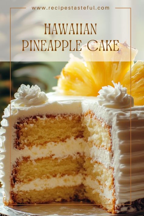 This delightful Hawaiian Pineapple Cake is a moist, fruity dessert that's perfect for any occasion. Topped with creamy frosting and garnished with coconut, it’s a tropical treat that will bring a taste of paradise to your table. Southern Coconut Pineapple Cake Recipe, Hawaiian Cake Ideas, Coconut Pineapple Cake Recipe, Moist Pineapple Cake Recipe, Tropical Fruit Cake, Pineapple Wedding Cake, Hawaiian Pineapple Cake, Hawaiian Dessert Recipes, Pineapple Coconut Cake