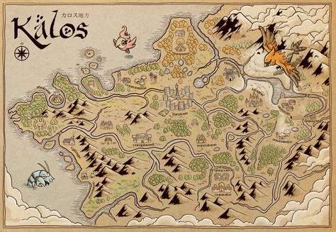 Kalos Map. By Adam Rufino via Behance Pokemon Kalos Region, Kalos Region, Poster Handmade, Pokemon Kalos, Pokemon Rpg, Middle Earth Map, Pokemon Poster, Pokemon Regions, Handmade Canvas