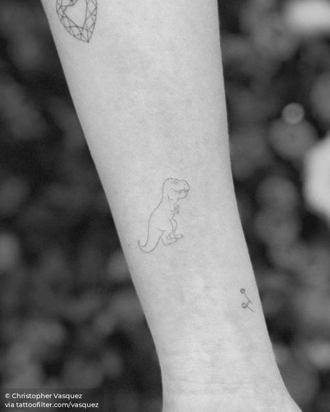 Fine line T-Rex tattoo. Small Trex Dinosaur Tattoo Simple, Dainty Dinosaur Tattoo, Tiny Trex Tattoo, Fine Line Dinosaur Tattoo, Tiny T-rex Tattoo, T Rex Tattoo Cute, Tattoo Muñeca, Rex Tattoo, Line Animals