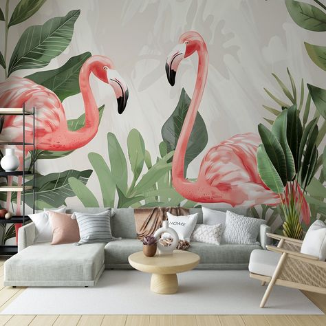 Pink Flamingo Wall Mural, Tropical Greenery Accent Wall, Lively Peel and Stick, Sophisticated Removable Wall Decor, Vibrant Whimsical Art by WallPaperAvenueCo on Etsy Greenery Accent Wall, Pink Beach House, Pink Flamingo Wallpaper, Mural Tropical, Flamingo Wallpaper, Tropical Greenery, Jungle Room, How To Install Wallpaper, Removable Wall