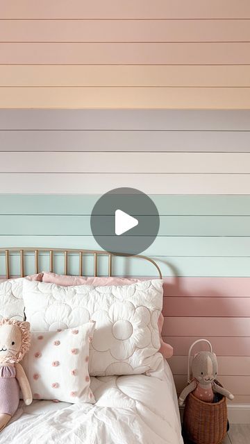 20K views · 2.2K likes | Stephanie Hanna on Instagram: "DIY Rainbow Shiplap Wall. All Maven’s idea. She’s the boss I’m just the worker 🤣 Anyone else have a child that definitely knows what she wants!? 🙋🏼‍♀️ Inspo: @athomewithashley  @benjaminmoore Paint colors starting from the top: Orange Sorbet Fresh Air Hampshire Rocks Violet Pearl Palladium Blue Palladium Blue 50% Georgia Pink Fairest Pink Candle White . . . . #benjaminmoorespotlight #benjaminmoore #rainbow #rainbowwall #rainbow #shiplap #shiplapaccentwall #shiplapwall #bhghome #diyhomedecor #diy #powerofpaint #bhgstylemaker #bhgstyle" Purple Shiplap Wall, Shiplap Rainbow Wall, Pink Shiplap Wall, Rainbow Shiplap Wall, Girls Room Accent Wall, Girls Room Paint Ideas, Shiplap Bedroom, Palladium Blue, Girls Blue Bedroom