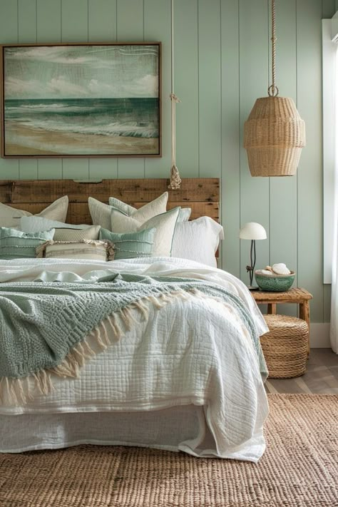 29 Boho Coastal Bedroom Ideas for a Breezy, Beachy Haven 28 Beach Guest Bedroom Coastal Style, Mom Bedroom Ideas Decor Cozy, Cozy Beach Apartment, Blue Green Master Room, Sea Inspired Room Decor, Seafoam Green Bedroom Ideas, Sea Inspired Bedroom, Sea Glass Bedroom, Beach Farmhouse Bedroom