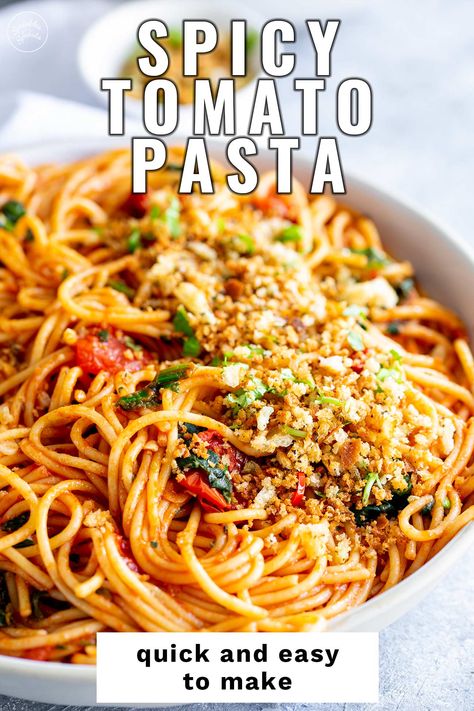 This Spicy Tomato Pasta is a quick and easy meal perfect for busy weeknights. The sauce is a beautiful rich tomato-based sauce with a spicy kick thanks to the red chilis. But you can adapt the spice level to taste. With very few ingredients, you can have this spicy tomato pasta on the table in under 20 minutes. Add some bread and a side salad, and you have a quick and easy dinner. Spicy Red Pasta, Spicy Pasta Sauce Recipes, Spicy Tomato Pasta, Spicy Pasta Sauce, Spicy Pasta Recipes, Chilli Pasta, Spicy Spaghetti, Pasta Primavera Recipe, Mushroom Recipes Pasta