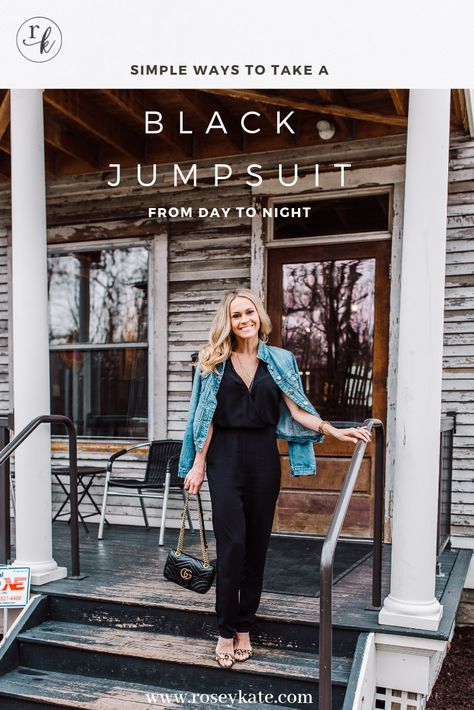 How to take a black jumpsuit from day to night Casual Black Denim Jumpsuit, How To Wear A Black Jumpsuit, Styling Black Jumpsuit, Black Jumpsuit With Jacket, Styling A Black Jumpsuit, Black Denim Overall Jumpsuit For Spring, Black Denim Jumpsuit For Night Out In Spring, Black Smocked Bodice Jumpsuit For Spring, Spring Black Denim Overall Jumpsuit