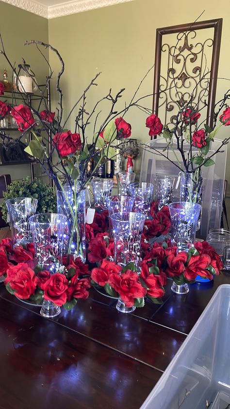 Ruby Centerpieces, Ruby Centerpieces Table Decorations, Garnet And Gold Centerpieces, Charro Quince Decorations, Red And Gold Quinceanera Decorations Center Pieces Centerpiece Ideas, Anniversary Party Themes, Red Quinceanera Ideas, Candelabra Centerpiece Red Roses, 40th Party Ideas