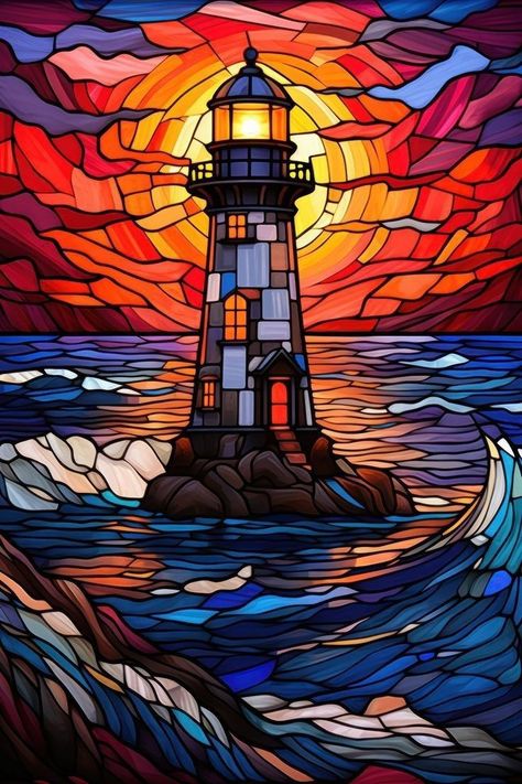 Lighthouse Night, Artist Sketching, Stained Glass Painting, Stain Glass Window Art, Glass Painting Patterns, Stained Glass Quilt, Stained Glass Patterns Free, Lighthouse Painting, زجاج ملون