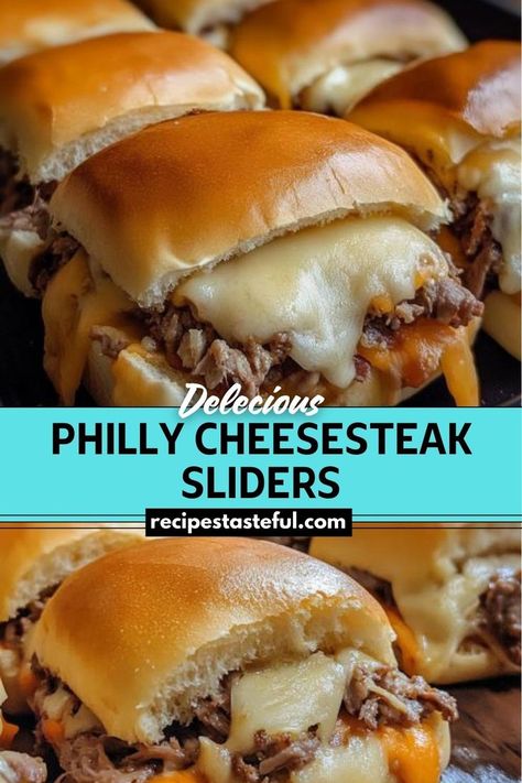 Philly Cheesesteak Sliders are a fun and delicious twist on the classic Philly cheesesteak sandwich. These sliders feature tender shaved steak, caramelized onions, and green peppers, topped with provolone cheese and baked to golden perfection. Ideal for gatherings or a hearty family meal, these sliders are easy to make and packed with flavor. Cheese Steak Sliders, Pinterest Desserts, Philly Cheesesteak Sliders Recipe, Steak Sliders, Philly Cheesesteak Sliders, Shaved Steak, Best Philly Cheesesteak, Soft Rolls, Cheesesteak Sandwich