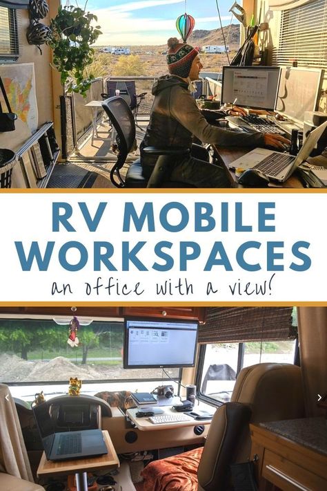 Check out this post to see some really cool and totally functional RV mobile workspaces! If you're looking for RV office ideas, this post is right up your alley. We just love what these RVers have done with their desks! Camper Van Office Ideas, Vanlife Workspace, Rv With Office Space, Rv Office Ideas, Skoolie Office, Mobile Office Ideas, Rv Office Space Ideas, Rv Desk Ideas, Trailer Office