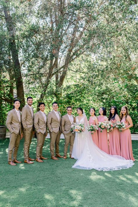 Pink Wedding Party Attire, Pink Bridesmaid Dresses And Groomsmen, Pink Wedding Bridal Party, Groomsmen Attire Pink Wedding, Pink And Green Wedding Party, Tan And Pink Wedding, Beige Suit Pink Tie, Groomsmen With Pink Bridesmaid, Brown And Pink Wedding Theme