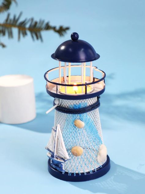 Lighthouse Candle Holder, Ocean Theme Party, Candle Stick Decor, Shell Crafts Diy, Beach Theme Decor, Pet Rocks, Themed Crafts, Table Top Display, Candle Shapes