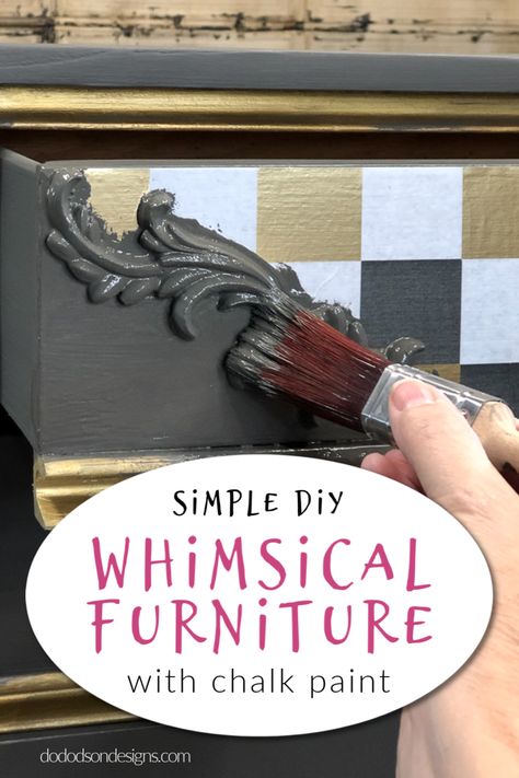 I had been wanting to paint whimsical furniture with a unique wonderland design but it looked so difficult. But using my left-over wrapping paper idea made it so easy with my favorite chalk paint. The creative design was the perfect whimsical look on my dresser. 
#dododsondesigns #whimsicalfurniture #chalkpaint #creative #furniturepainting Whimsical Furniture Painting Ideas, Whimsical House Interior, Funky Painted Furniture Ideas, Painted Kids Furniture, Furniture Wrap, Painted Nightstand, Checkered Paper, Wonderland Design, Black And White Furniture