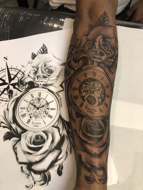 Forearm Rose Tattoo For Men, Underarm Tattoo For Men, Guys Arm Tattoos, Tattoos For Guys Arm, Military Sleeve Tattoo, Roses Tattoos, Clock Tattoos, Nautical Tattoo Sleeve, Mens Body Tattoos