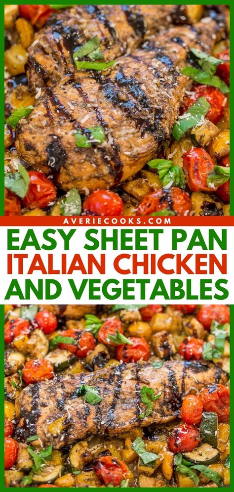 Sheet Pan Italian Baked Chicken and Veggies - Averie Cooks Baked Italian Chicken, Baked Chicken And Veggies, Chicken With Italian Seasoning, Sheet Pan Dinners Chicken, Pan Recipe, Sheet Pan Dinners Recipes, Recipes With Few Ingredients, Italian Chicken, Sheet Pan Dinners