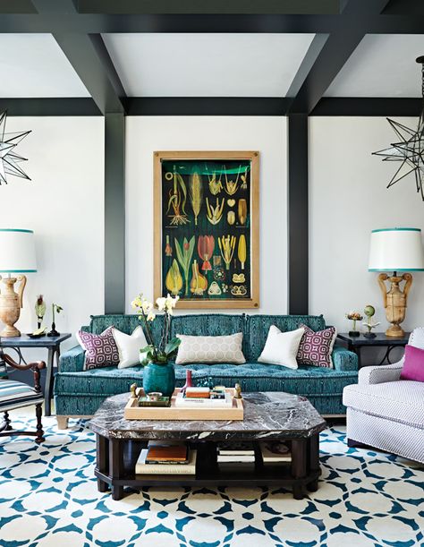 20+ Sofas That Make A Case For Decorating With Jewel Tones - House & Home Blue And Green Jewel Tone Living Room, Bold Sofa Living Room, Light Jewel Tone Living Room, Neutral And Jewel Tone Living Room, Jewel Tone Basement, Decorating With Jewel Tones, Jewel Tone Apartment, Jewel Tone Kitchen, Blue Green Couch