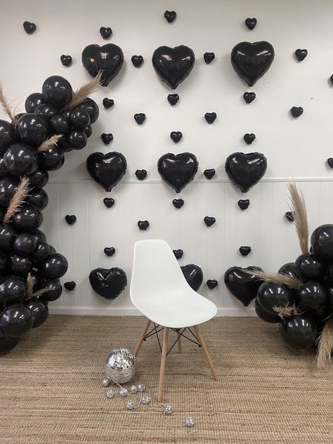 Goth Galentines, Black Themed Bridal Shower Party Ideas, Engagement Party Ideas Black And White, Black Valentines Decor, Black And White Valentines Day Decor, Black And White Hen Do, Dark Bridal Shower Theme, Gothic Valentines Day Decor, Black Balloon Decorations