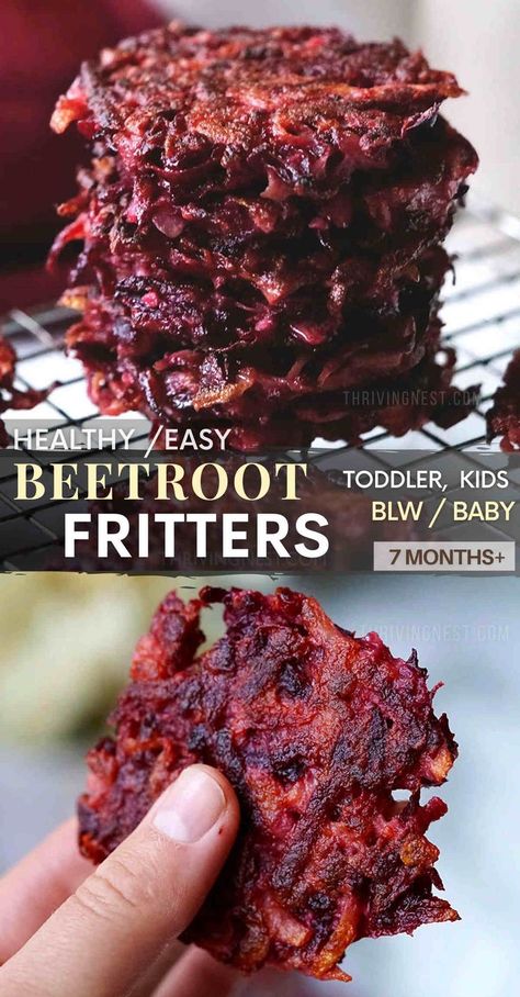 beet fritters Blw Beet Recipes, Blw Beets, Blw Eggplant, Beet Baby Food, Beets For Babies, Beetroot Meals, Baby Led Weaning Dairy Free, Vegetable Sides For Kids, Blw Veggies