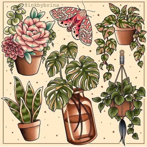 Pink Tattoo Traditional, Plant Tattoo Flash Sheet, Traditional Tattoos Plants, Neotraditional Plant Tattoo, Color Plant Tattoo, Fruit Flash Tattoo, Cute Plant Tattoos, Plant Flash Tattoo, Pink Pothos