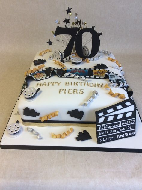 Single tier movie / film theme birthday cake in black, silver and gold colour theme Black And Gold Sheet Cake, White Cake Decorating Ideas, Birthday Cake In Black, Gold Sheet Cake, Wedding Cakes One Tier, Black And White Party Decorations, Sweet Sixteen Decorations, 60th Wedding Anniversary Party, Wedding Sheet Cakes