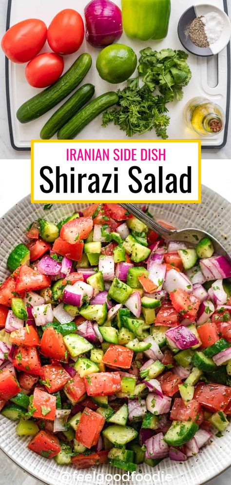 Shirazi Salad Persian, Rice Serving Ideas, Schwarma Side Dish, Persian Shirazi Salad, Shwarma Side Dishes, Persian Side Dishes, Paleo Sides Dishes, Iranian Salad, Persian Meals