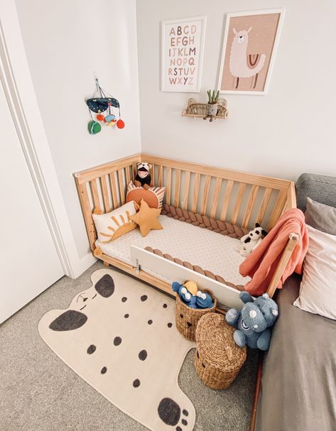 Small Space Toddler Bed, Bed For One Year Old, Bedside Toddler Bed, Toddler Bed In Master Room, Kids Bed In Parents Room, Toddler Bed In Parents Room, Shared Room With Toddler Parents, Small Toddler Bedroom, Ikea Bedding