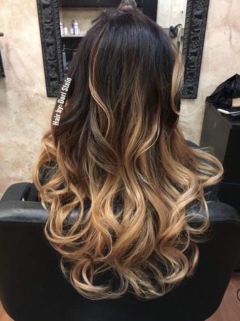 Gorgeous dark brown to blonde balayage. Her hair stayed healthy with Olaplex. We finished the look with big curls. Dark Brown To Blonde Balayage, Dark Brown To Blonde, Brown Hair With Blonde Balayage, Balayage Hair Blonde Long, Brown To Blonde Balayage, Best Ombre Hair, Balayage Long Hair, Brown To Blonde Ombre, Rambut Brunette