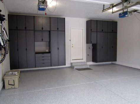 Garage Laundry Cabinets, Updated Garage Interior, Cabinet In Garage, Gray Garage Interior, Minimal Garage, Garage Cabinet Storage, Black Garage Storage, Small Garage Makeover Ideas, Garage With Cabinets