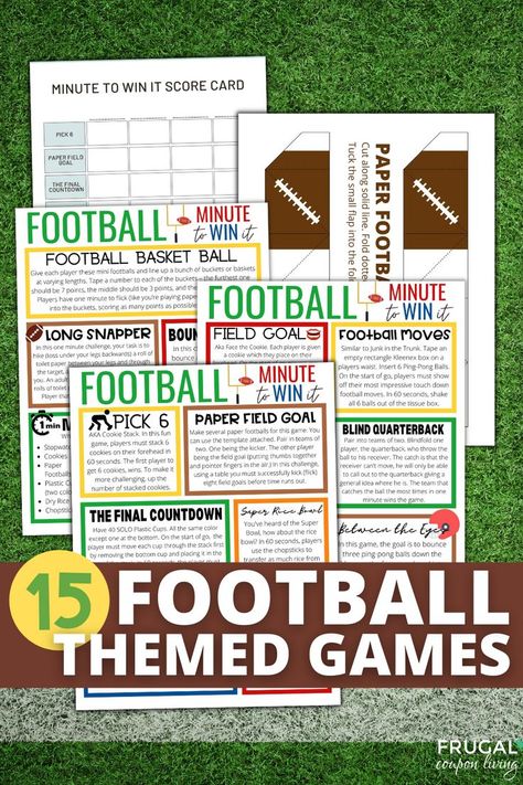 15 Minute to Win it Football Games for a Football Themed Party Football Themed Activities, Football Themed Scavenger Hunt, Superbowl Trivia Games Free Printable, Fantasy Football Draft Party Games, Football Bingo Printable Super Bowl Party Games, Football Trivia, Football Party Games, Football Celebrations, Football Rules