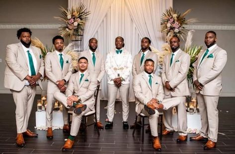 Tan Bridesmaid Dresses With Groomsmen, Bayou Wedding, Tan Bridesmaid Dresses, Emerald Green Wedding Theme, Green Wedding Suit, Latest Bridesmaid Dresses, Wedding Groomsmen Attire, Groomsmen Tuxedos, Dream Wedding Reception