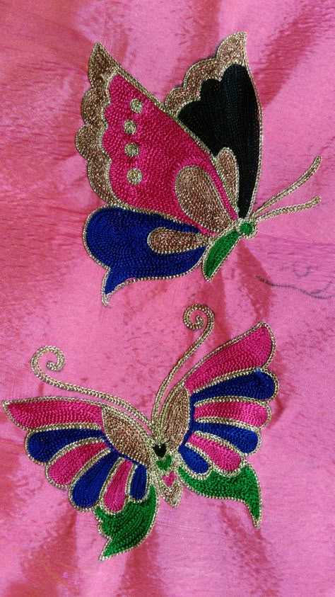 Buttefly Butterfly Embroidery Designs On Blouse, Butterfly Aari Work, Aari Work Butterfly Design, Butterfly Design Maggam Work, Butterfly Maggam Work Designs, Aari Butterfly Design, Butterfly Design Blouse, Embroidery Peacock Designs, Butterfly Blouse Designs