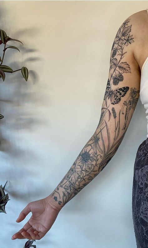 Garden Theme Sleeve Tattoo, Color Floral Sleeve Tattoo, Floral Patchwork Sleeve Tattoo, Nature Patchwork Tattoo Sleeve, Nature Half Sleeve Tattoo, Wildflower Shoulder Tattoo, Wildflower Sleeve, Botanical Tattoo Sleeve, Tattoos Placement