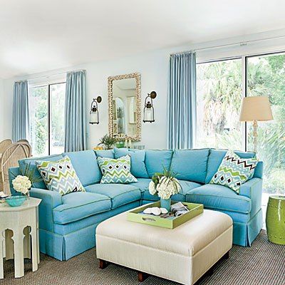 blue-family-room-0713-l Blue Rugs Living Room, Sectional Sofa Comfy, Coastal Living Room Furniture, Florida Decorating, Comfy Sectional, Muebles Shabby Chic, Florida Decor, Deco Marine, Furnitur Ruang Keluarga