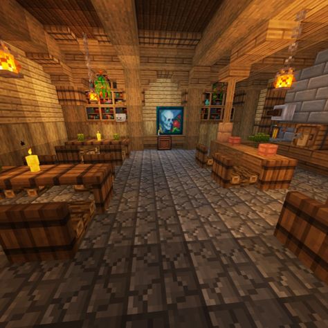 Grab a drink in this cozy tavern and enjoy the atmosphere #minecraft #minecrafttavern #interiordesign #minecraftideas Minecraft Brewery Ideas, Minecraft Fantasy Tavern, Minecraft Fancy Restaurant, Tavern Decor Interior Design, Minecraft Bar Interior, Minecraft Cake Build, Minecraft Pub Ideas, Minecraft Bar Design, Medieval Tavern Minecraft