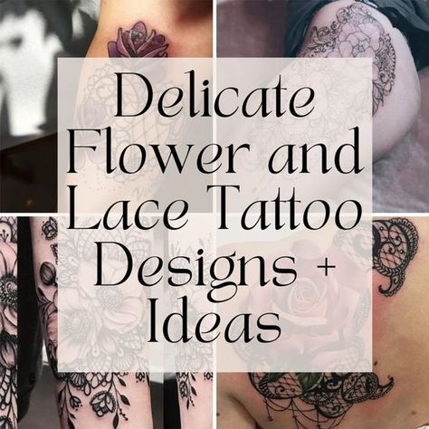 Delicate Flower and Lace Tattoo Designs + Ideas - TattooGlee Flower And Vine Tattoo For Women, Delicate Vintage Tattoo, Lace Half Sleeve Tattoo, Small Flower Sleeve Tattoo, Feminine Black Tattoos, Lace Arm Tattoos For Women, Black Lace Tattoos For Women, Tattoo Stencils Flowers, Lace Tattoo Design Shoulder