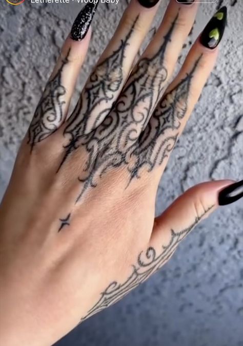 Spooky Knuckle Tattoos, Cat Skull Hand Tattoo, Cathedral Finger Tattoo, Gothic Finger Tattoos For Women, Finger Sleeve Tattoo, Gothic Throat Tattoo, Cathedral Hand Tattoo, Gothic Tribalism Tattoo, Geometric Finger Tattoo