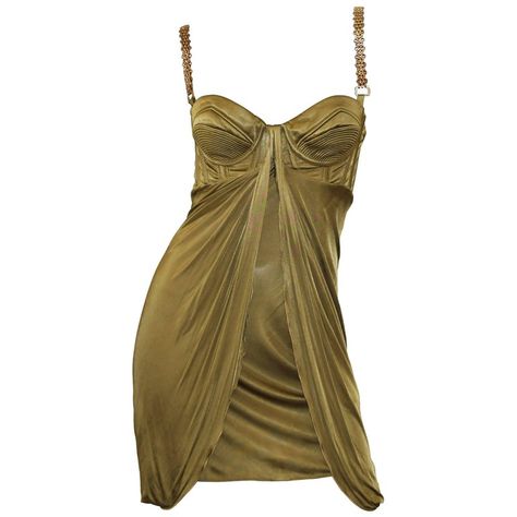 Versace Chain Embellished Olive Corset Cocktail Dress, Size 40 For Sale Versace Clothes, Corset Cocktail Dress, Gianni Versace Dress, Yellow Bodycon Dress, Embelished Dress, Brown Cocktail, Corset Style Dresses, Versace Chain, Dresses Brown