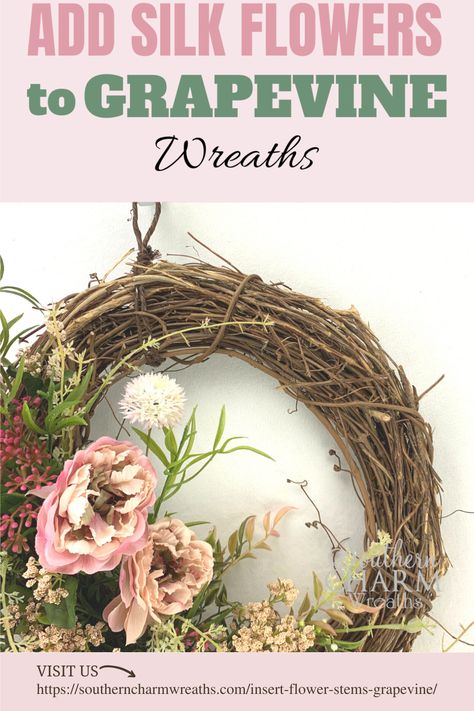 Let me teach you how to save time when adding your silk flowers to a natural grapevine wreath.  Quality artificial flowers do create beautiful wreaths, but many times the flowers are attached incorrectly causing a messy surface on the back of the wreath.  I will show you techniques for creating an artificial silk flower wreath that will leave your new creation with a nice clean surface on the back. Wreath Making Business, Inexpensive Wreaths, Wreath Making Tutorials, Silk Flower Wreaths, Vine Wreath, Tree Topper Bow, Grapevine Wreaths, Wreath Maker, Flower Stems