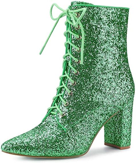 Amazon.com | Allegra K Women's Glitter Pointed Toe Block Heel Halloween Ankle Boots | Ankle & Bootie Sparkle Boots, Silver Slippers, Sequin Boots, Chunky Heel Ankle Boots, Glitter Boots, Womens Chunky Heels, Closed Toe Shoes, Block Heel Ankle Boots, Chunky High Heels