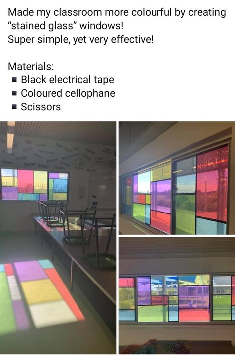 Cellophane Stained Glass Window, Cellophane Window Art, Classroom Window, Secondary Classroom, Candy Decorations, Electrical Tape, Future Classroom, Window Art, Stained Glass Window