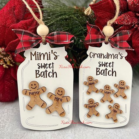 "Searching for a personalized Christmas holiday ornament gift to hang on your family tree? Look no further than this beautifully crafted Grandma's gingerbread batch wooden ornament! PRODUCT DETAILS: - Personalized with up to 9 family names - Choose recipient: Mom, Nanny, Grandma, or any of her nickname - Gingerbread cookies will be placed randomly - 1/8\"-thick wood  - Dimensions: ~3.5\"(w) x 6\"(h)" Christmas Grandma Gifts, Diy Ornaments For Grandma, Grandma Ornament Diy, Homemade Christmas Gifts For Family, Gingerbread Ornaments Diy, Ornaments For Grandma, Grandchildren Christmas Ornaments, Christmas Ornaments With Grandkids Names, Nana Christmas Ornament