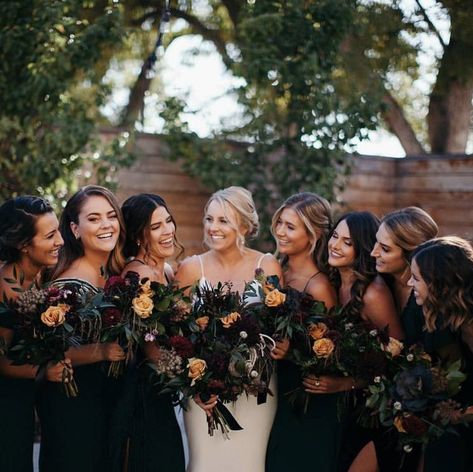 Black Bridesmaid Dresses With Burgundy Flowers, Dark Bridesmaid Bouquet, Dark Academia Wedding Bridesmaids, Dark Wedding Party Attire, Dark Red Bridal Party, Dark Bridal Party, Black Bridesmaid Dresses Fall Flowers, Moody Bridesmaid Dresses, Dark Bridesmaid Dresses